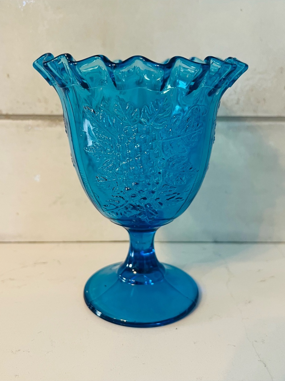 LE SMITH Vintage Blue Grape Pattern Footed Glass Compote / Candy Dish